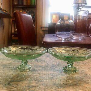 Set of 2 Sherbet Dessert Green Depression Glass Footed Dishes Shallow Bowls Used